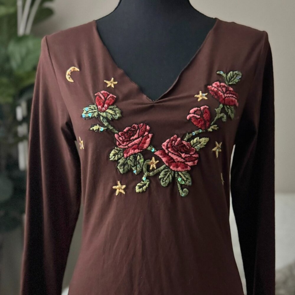 Womens Cruel Girl Brown Embroidered Sequin Embellished Shirt M Medium BEAUTIFUL